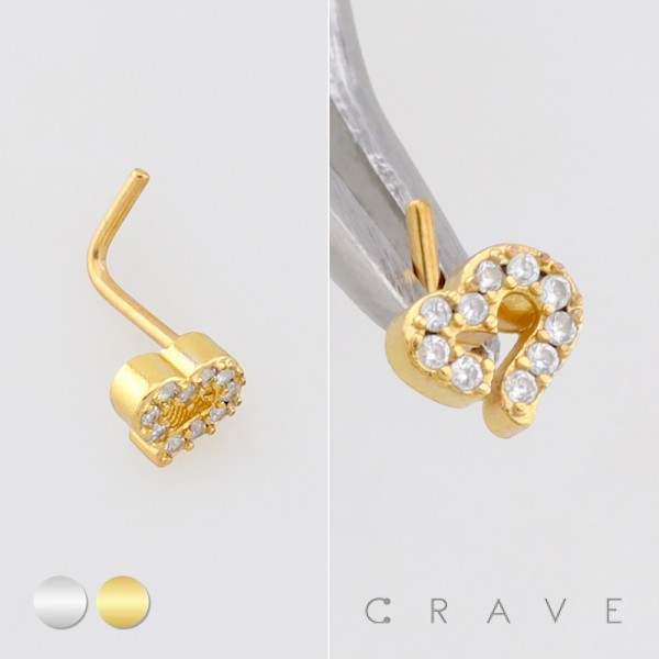 MULTI CZ HOLLOW HEART GEM PAVED 316L SURGICAL STEEL L SHAPE STUD NOSE RING